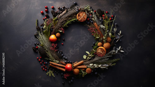 Elegant Autumnal and Fall Wreath with Dried/Live Flowers, Leaves, and Berries -  Dark, Moody, Textured Vintage Background with Copy Space - Overhead Flat Lay View - Thanksgiving Winter Holiday Concept
