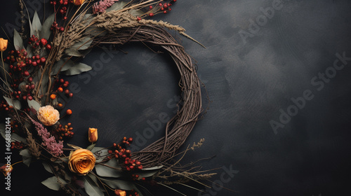 Elegant Autumnal and Fall Wreath with Dried/Live Flowers, Leaves, and Berries -  Dark, Moody, Textured Vintage Background with Copy Space - Overhead Flat Lay View - Thanksgiving Winter Holiday Concept