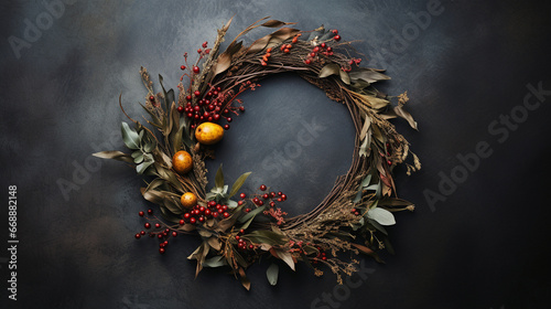 Elegant Autumnal and Fall Wreath with Dried/Live Flowers, Leaves, and Berries -  Dark, Moody, Textured Vintage Background with Copy Space - Overhead Flat Lay View - Thanksgiving Winter Holiday Concept