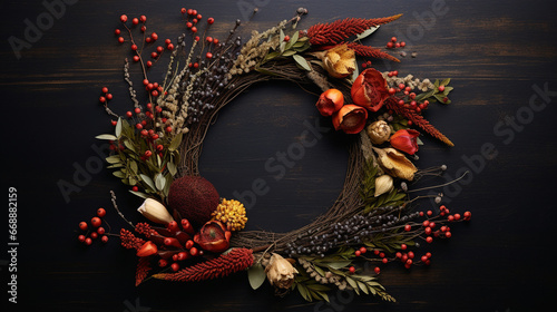 Elegant Autumnal and Fall Wreath with Dried/Live Flowers, Leaves, and Berries - Dark, Moody, Textured Vintage Background with Copy Space - Overhead Flat Lay View - Thanksgiving Winter Holiday Concept
