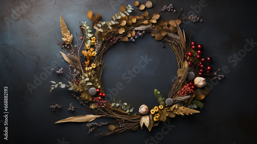 Elegant Autumnal and Fall Wreath with Dried/Live Flowers, Leaves, and Berries -  Dark, Moody, Textured Vintage Background with Copy Space - Overhead Flat Lay View - Thanksgiving Winter Holiday Concept