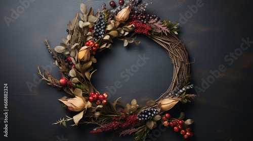 Elegant Autumnal and Fall Wreath with Dried/Live Flowers, Leaves, and Berries -  Dark, Moody, Textured Vintage Background with Copy Space - Overhead Flat Lay View - Thanksgiving Winter Holiday Concept