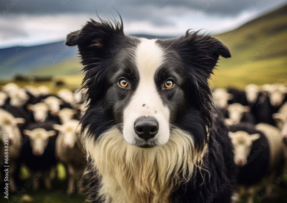 A black and white dog standing in front of a herd of sheep. Generative AI.