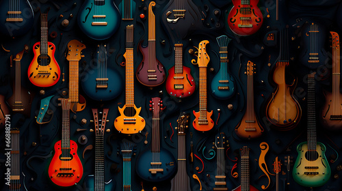 Seamless background with guitars on black wall.