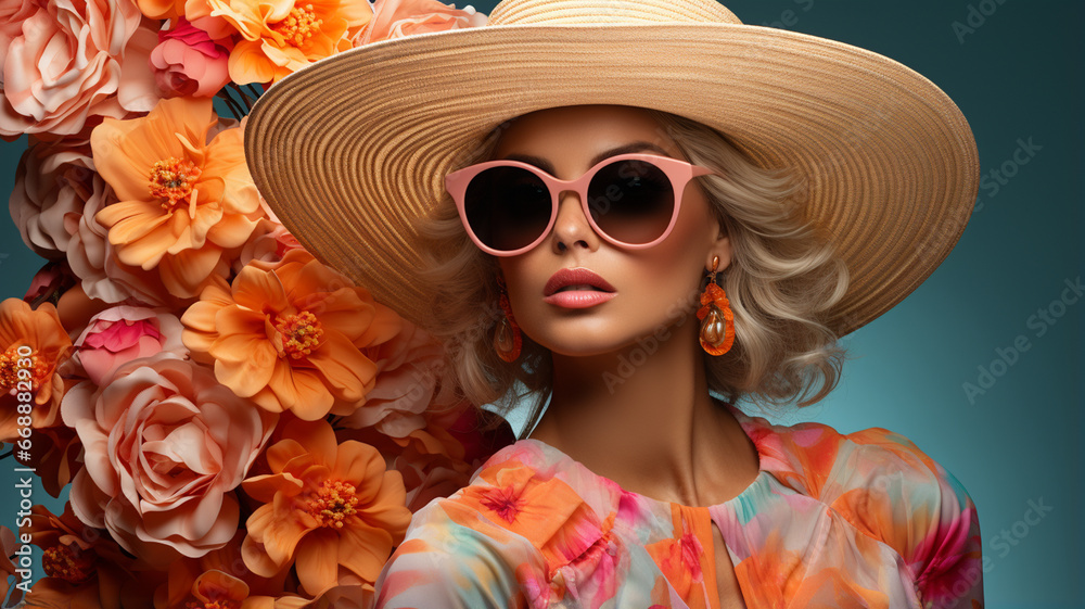 fashion woman with hat and flowers fashion woman with hat and flowers