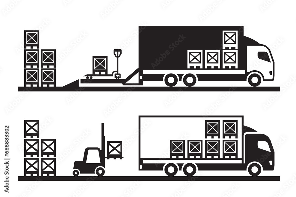 Poster Loading goods by pallet truck and forklift - vector illustration ...