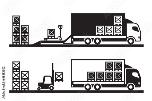 Loading goods by pallet truck and forklift - vector illustration