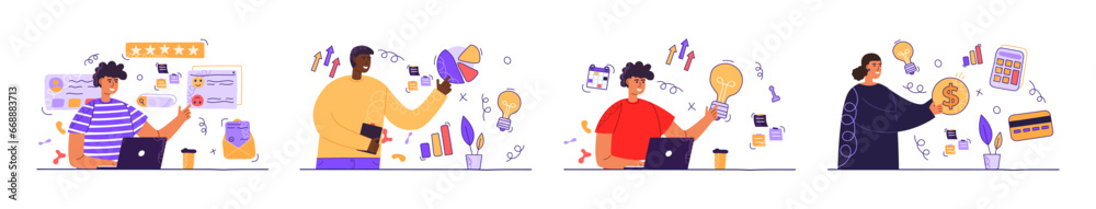 Business different illustration mega set. Collection work with men and women. Business people in different scenes. Trendy vector style - obrazy, fototapety, plakaty 