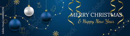 Merry Christmas and Happy New Year vector banner. Realistic rose gold and blue baubles, snowflakes hanging on dark blue background with realistic garland and confetti. Background gold Christmas icon