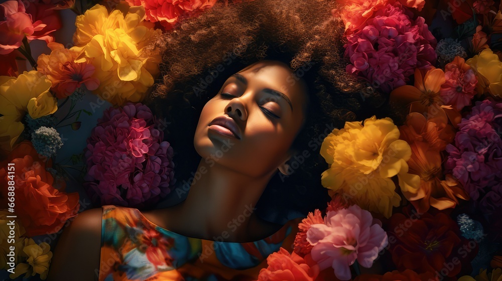 Futuristic style photograph of a young black woman with long curly hair lying with her eyes closed and surrounded by colorful flowers. Image generated with AI. Futuristic style photograph of a young black woman with long curly hair lying with her eyes closed and surrounded by colorful flowers. Image generated with AI.