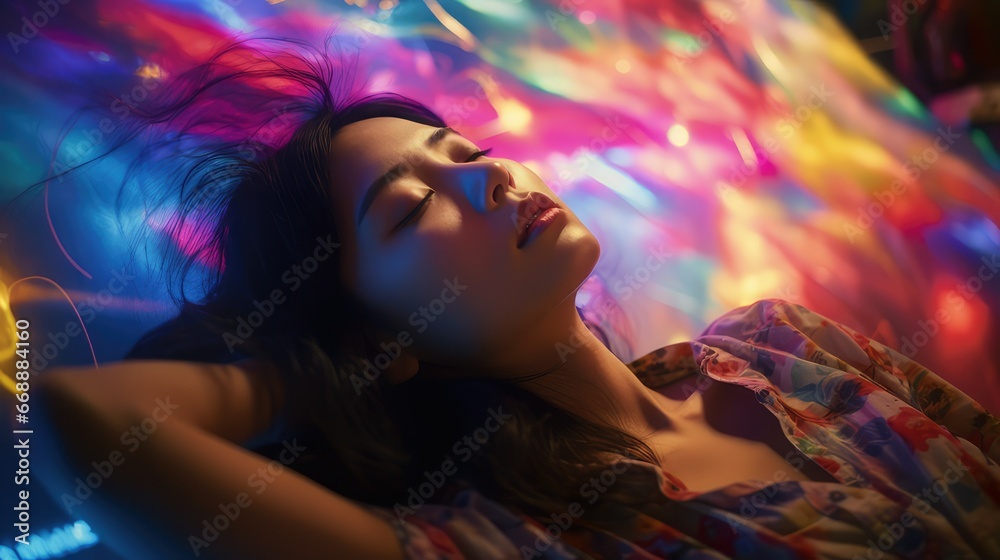 Artistic photograph of a beautiful Asian woman lying with her eyes closed and surrounded by colored bright lights. Image generated with IA. Artistic photograph of a beautiful Asian woman lying with her eyes closed and surrounded by colored bright lights. Image generated with IA.
