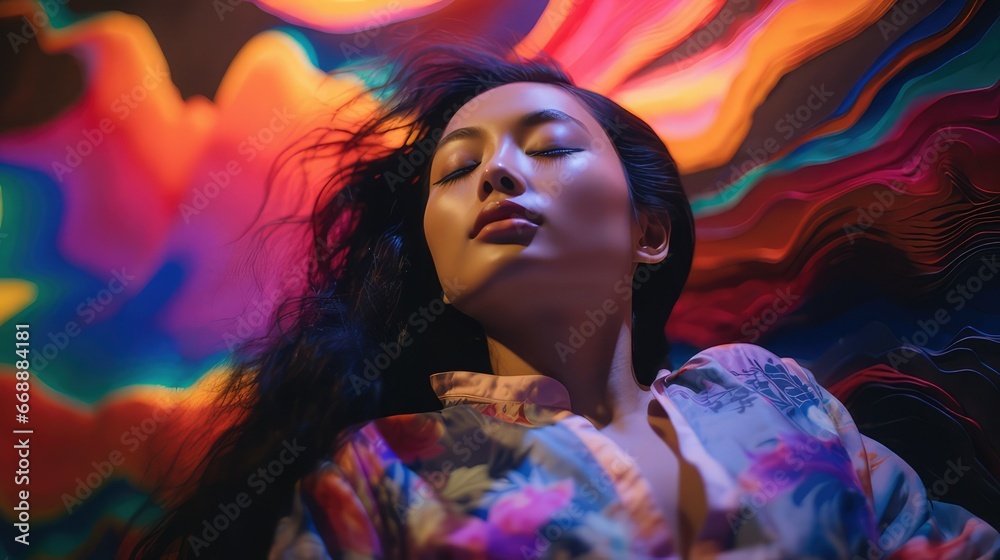 Realistic photograph of an Asian woman lying with her eyes closed and surrounded by colored bright lights. Image generated with IA. Realistic photograph of an Asian woman lying with her eyes closed and surrounded by colored bright lights. Image generated with IA.