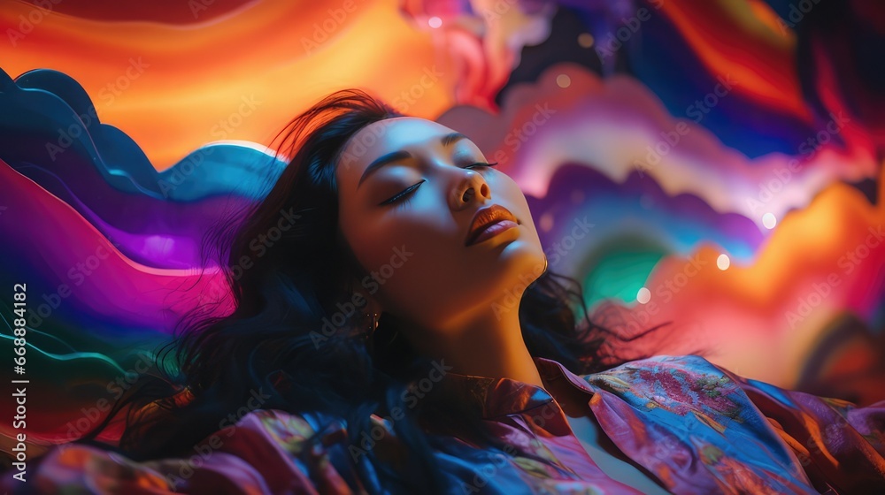 Realistic photograph of an Asian woman lying with her eyes closed and surrounded by colored lights. Image generated with IA. - obrazy, fototapety, plakaty 