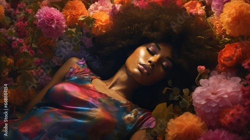 Futuristic style photograph of a black woman with long curly hair lying with her eyes closed and surrounded by colorful flowers. Image generated with AI.