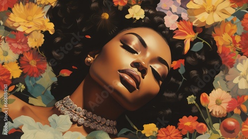 Vintage illustration of a beautiful black woman lying with her eyes closed and surrounded by colorful flowers. Image generated with AI.