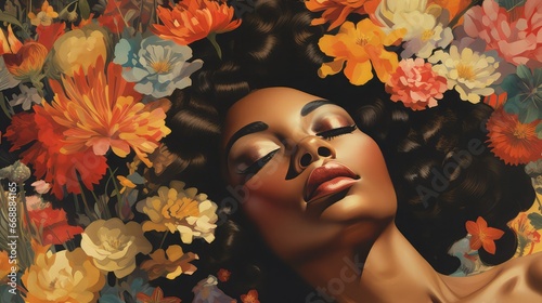 Vintage illustration of a black woman lying with her eyes closed and surrounded by colorful flowers. Image generated with AI.