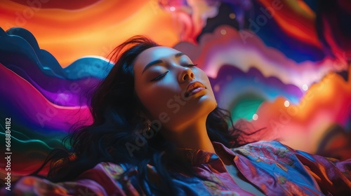 Realistic photograph of an Asian woman lying with her eyes closed and surrounded by colored lights. Image generated with IA.