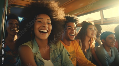 a group of people smiling in bus