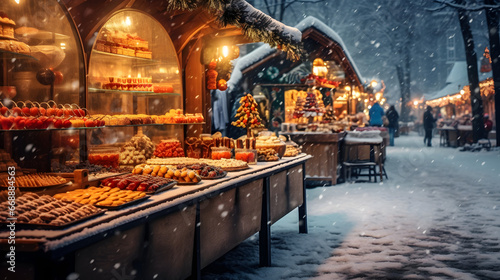 Vendor stall of a festive christmas market with colorful decoration and food photo