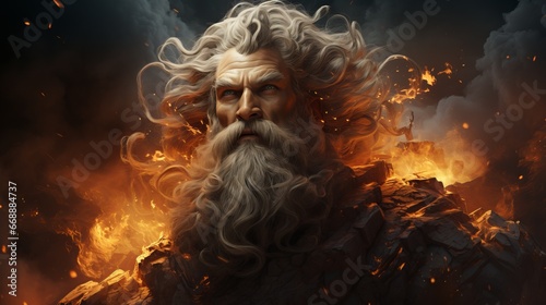Zeus, god of ancient Greek mythology. God of thunder from Olympus, a ruler with divine power. Fire background photo