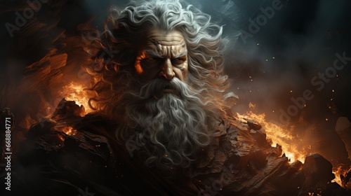 Zeus, god of ancient Greek mythology. God of thunder from Olympus, a ruler with divine power. Fire background