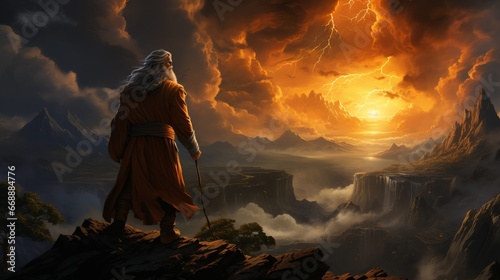 Zeus, god of ancient Greek mythology. God of thunder from Olympus, a ruler with divine power. Fire background photo