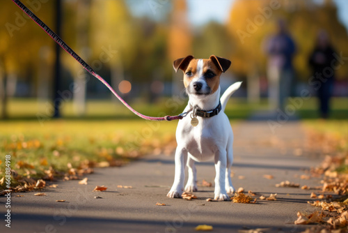 Jack russell terrier puppy on a leash walks in the autumn park