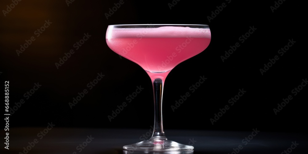 Martini Cocktail Glass On Black Background. Pink Alcoholic Beverage For Party. Elegant Fancy Drink, Mixology.