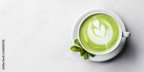 Matcha Latte In Cup On Plate. Organic Vegetarian Drink. Green Tea Milk.