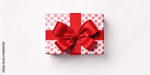 Gift Box With Red Ribbon Bow. Wrapping Package For Birthday, Anniversary, Holiday. Overhead View of Festive Surprise Decoration.