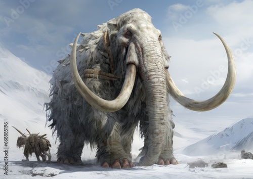 a mammoth with large tusks and couple of other mammoths in snow