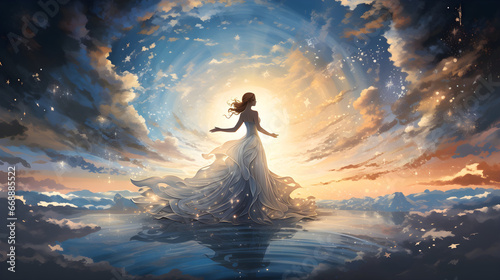 Fantasy landscape with a woman and a shining star in the sky. Beautiful young woman in a white dress standing on the top of a mountain and looking at the starry sky  