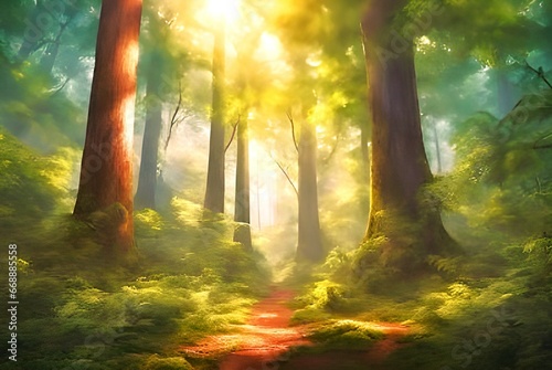 Fotografering Imagen generada con inteligencia artificial de un bosque, lleno de naturaleza y vegetación, con un camino iluminado por la luz del sol