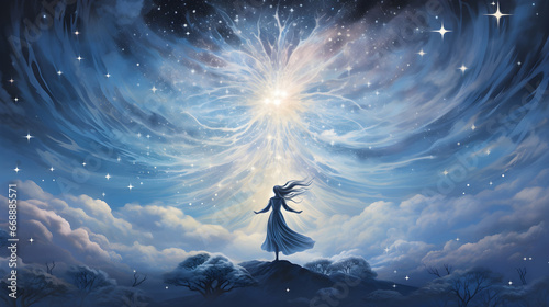 Fantasy landscape with a woman and a shining star in the sky. Beautiful young woman in a white dress standing on the top of a mountain and looking at the starry sky