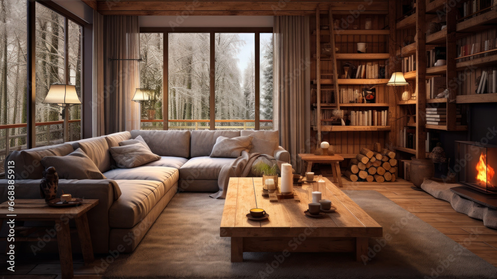 Interior of a cozy living room with a large window overlooking the forest.