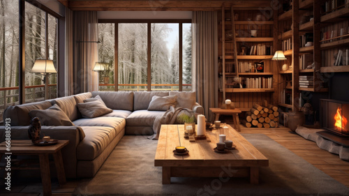 Interior of a cozy living room with a large window overlooking the forest. © Alex