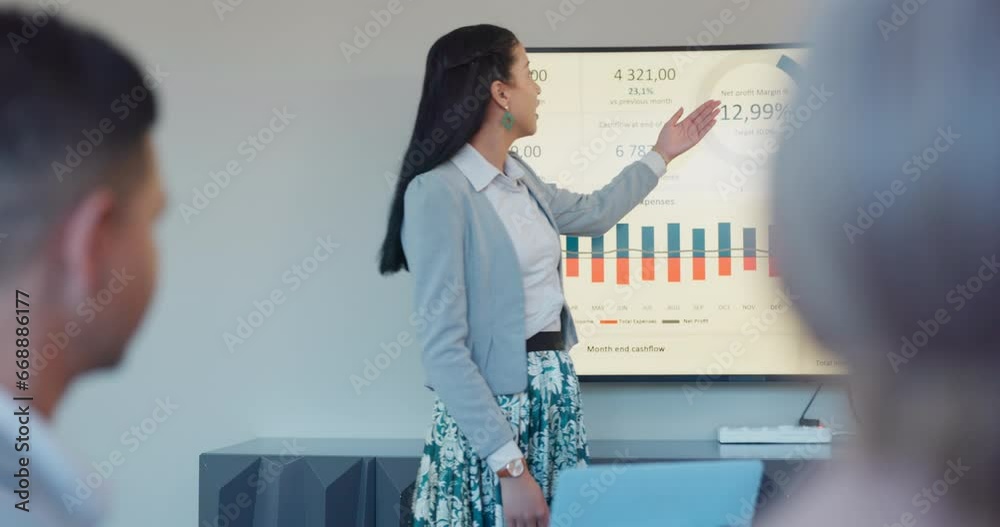 Presentation, workshop or business woman in seminar for teaching or financial analysis in meeting. Graphs, data analytics education or manager talking in learning, training or coaching on monitor
