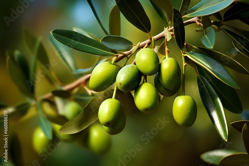 a close up of a tree branch with green fruits