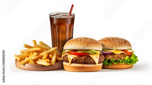 a group of burgers and fries with a drink