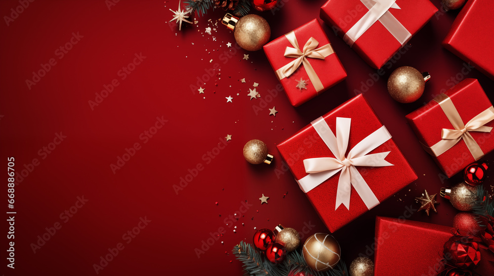 a group of presents with ornaments and pine cones a group of presents with ornaments and pine cones