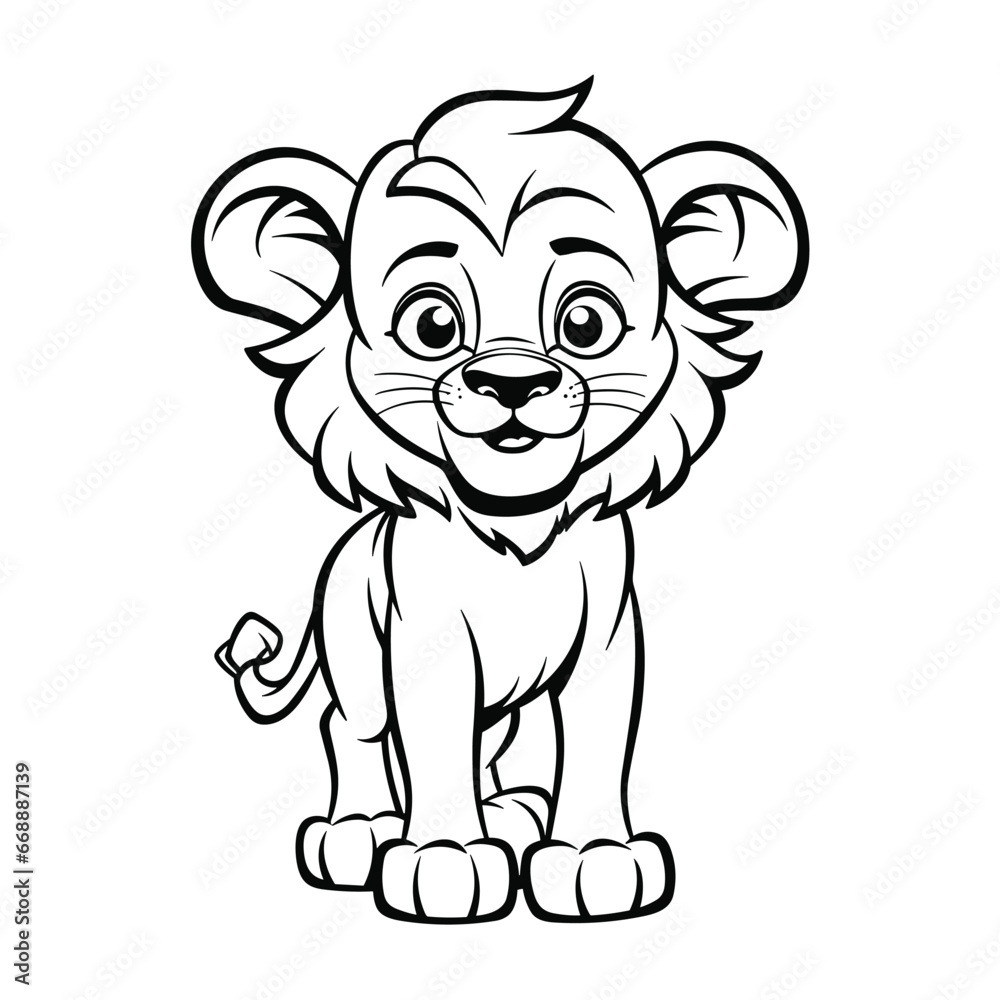 Fototapeta premium Cute baby lion cub coloring page line art vector illustration, adorable animal outline character design for kids activity book