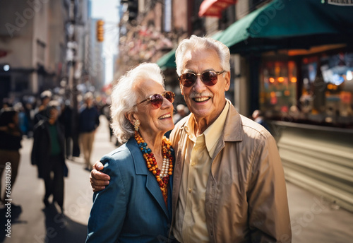 An extravagant and joyful elderly couple happily strolls through the streets of New York. Couple happiness concept. #668887580