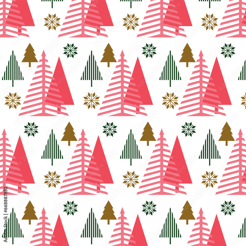 Christmas seamless pattern with geometric fir trees and snowflakes. Vector design for fabric, background, packaging, wallpaper. Pattern in the panel samples. Christmas seamless pattern with geometric fir trees and snowflakes. Vector design for fabric, background, packaging, wallpaper. Pattern in the panel samples.