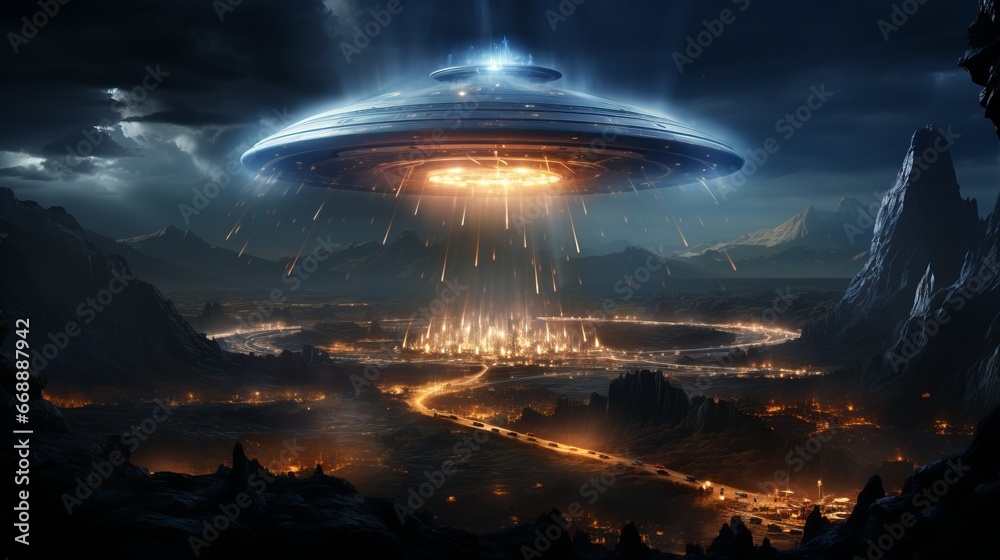 An unidentified flying object hovered in the sky. Space flying saucer with lights. An alien UFO visits the earth. Aliens from another planet. An unidentified flying object hovered in the sky. Space flying saucer with lights. An alien UFO visits the earth. Aliens from another planet.