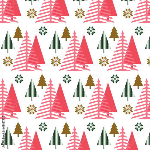 Christmas seamless pattern with geometric fir trees and snowflakes. Vector design for fabric, background, packaging, wallpaper. Pattern in the panel samples.