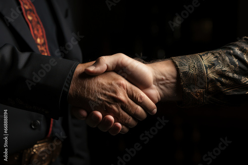 A historic handshake between leaders of a former colonial power and a newly independent nation, demonstrating diplomatic relations post-colonization. Generative Ai.