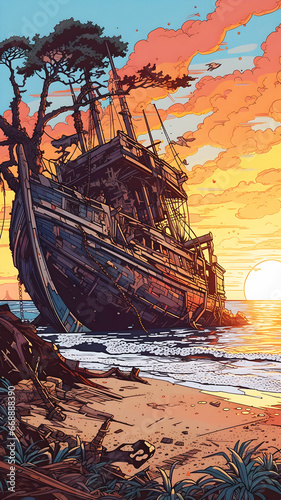 a crashed pirate ship wrecked on a deserted  Generative AI
