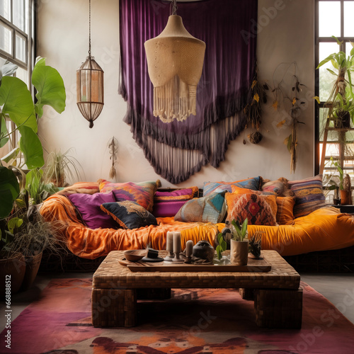 Salon boho - dekoracja z tkaniny na ścianie. Fioletowe i pomarańczowe kolory wnętrza. Render 3d. Wizualizacja