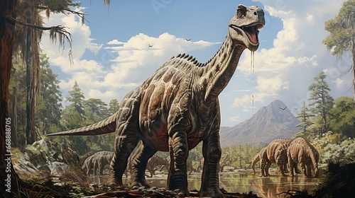 diplodocus, Illustration of a huge dinosaur. Herbivorous lizard. Concept: extinct dinosaurs, ancient lizard-like animals.  © Marynkka_muis
