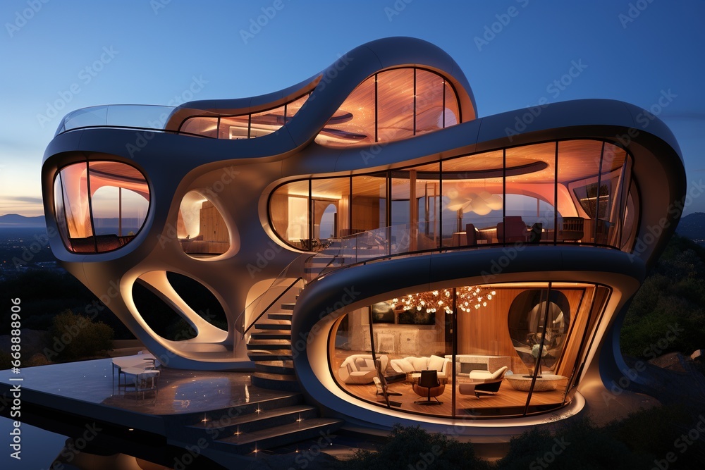 Fototapeta premium House of the Future. Alternative creative planning design architecture innovative modern modernized buildings. the skill and science of constructing, designing buildings and structures.
